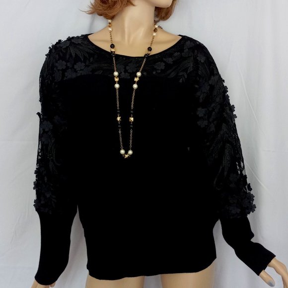 NWT $88 JOSEPH A 3D FLOWER MESH SLEEVES KNIT TOP IN BLACK Top Sz 2X VERY CHIC! - Picture 5 of 7